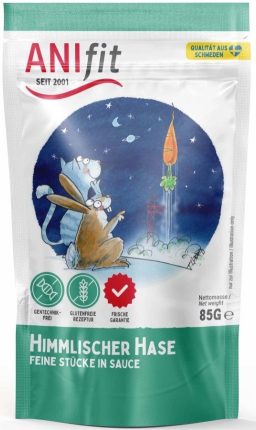 ANIfit-Pouch HimmlischerHase für Katzen Verpackung von ANIfit Futter für Katzen in einer winterlichen Szene mit Rakete.