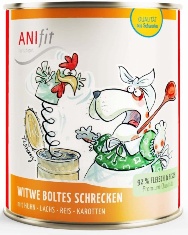 ANifit Premium Nassfutter Witwe Boltes Schrecken Bunte Dose mit Hund und Huhn, die einen Schreckmoment darstellen.
