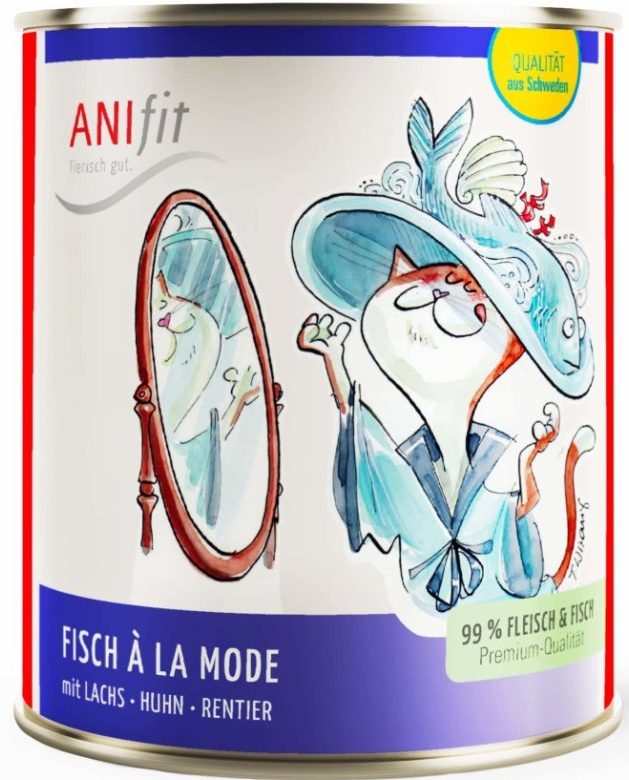 Katze mit Hut und Spiegel, im eleganten Stil, auf einer Futterdose abgebildet.