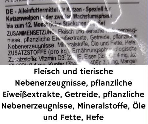 Geschlossene Deklaration eines Katzenfutters Zusammensetzung eines Katzen-Alleinfutters speziell für Kitten