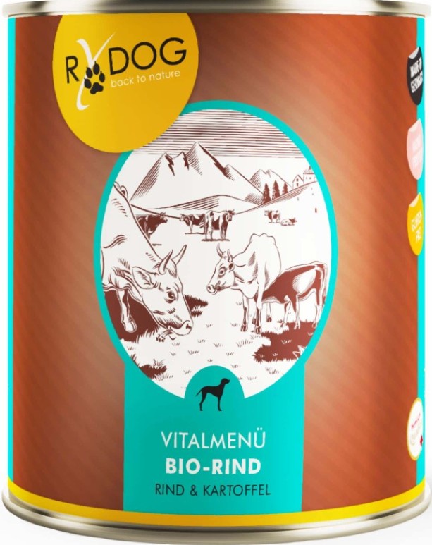 "Vitalmenü Rind" ANIfit Hundefutter Monoprotein Dose mit bio Rindfleisch für Hunde, rot-orange Verpackung, Berglandschaft im Hintergrund.