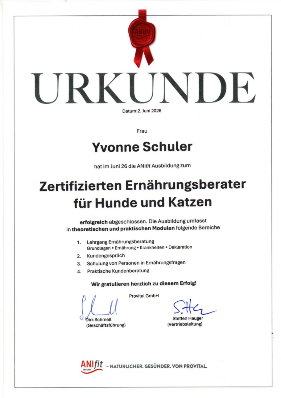 Zertifikat von Yvonne Schuler für die Ausbildung als Erziehungsberaterin für Hunde und Katzen.