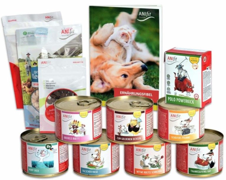 Eine Auswahl an ANIfit Hundefutterdosen und Snacks in verschiedenen Geschmacksrichtungen als Schnupperpaket.