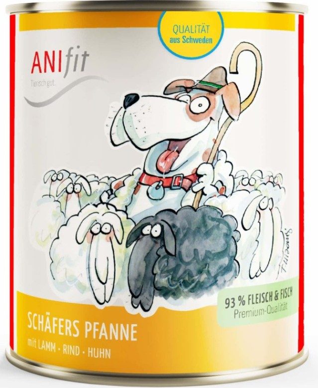 ANifit Premium Nassfutter Schäfers Pfanne Zeichnung eines Hundes, umgeben von Schafen, auf einer Futterdose abgebildet.