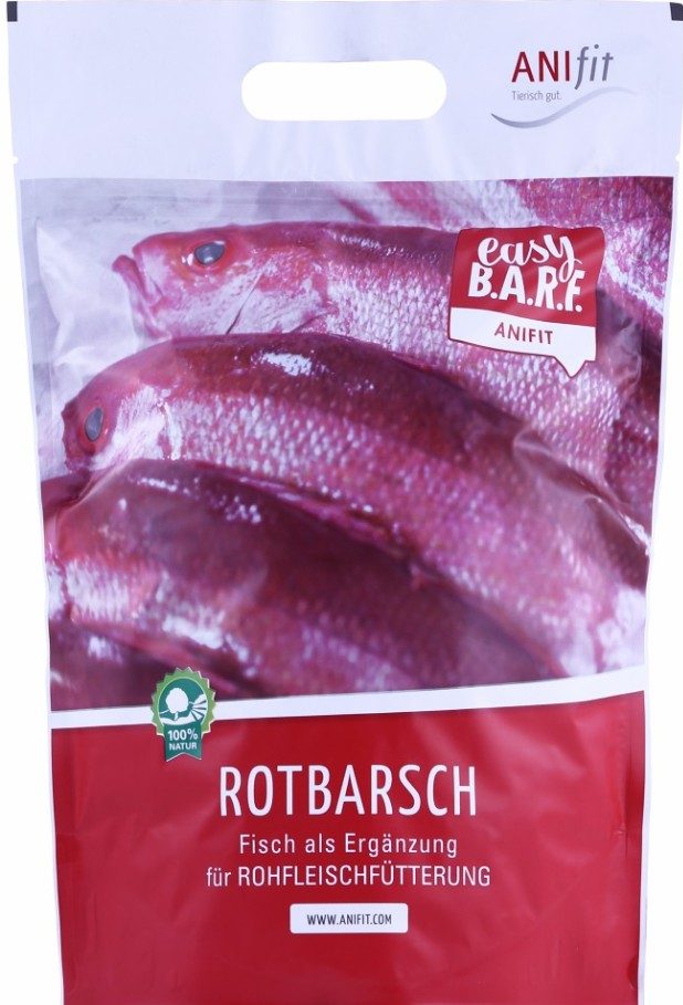 Verpackung mit gefriergetrocknetem Rotbarsch, geeignet für BARF-Fütterung.
