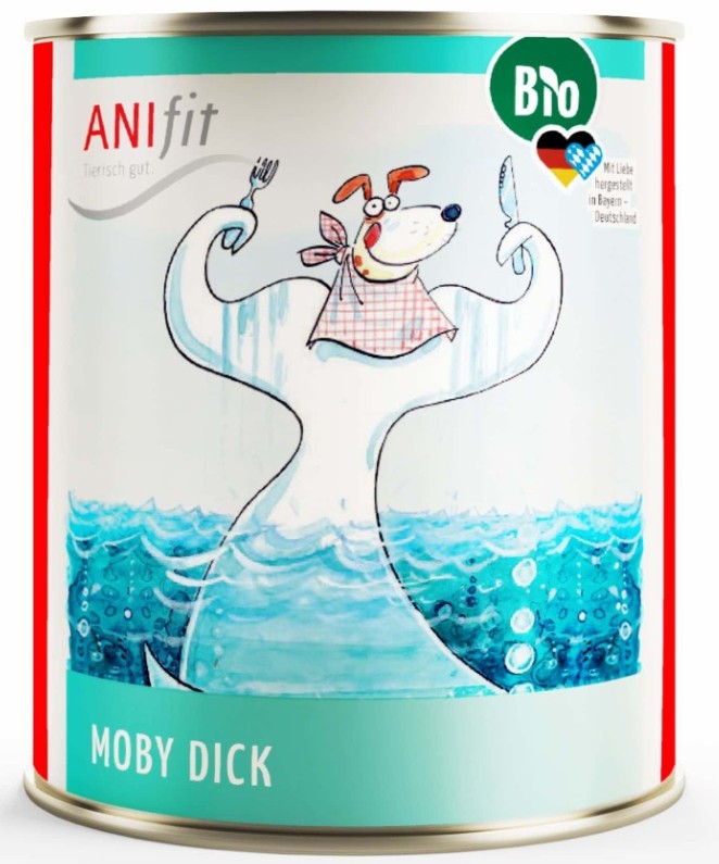 "Moby Dick" ANIfit Hundefutter Monoprotein Eine Dose Bio-Hundefutter mit einem Hund und einem Wal im Wasser, farbenfrohe Illustration.