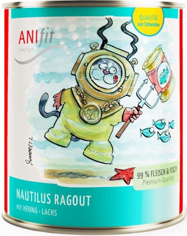 Nautilus-Ragout-Dose mit cartoonhaftem Taucher und Fischen, 100% natürliche Zutaten.