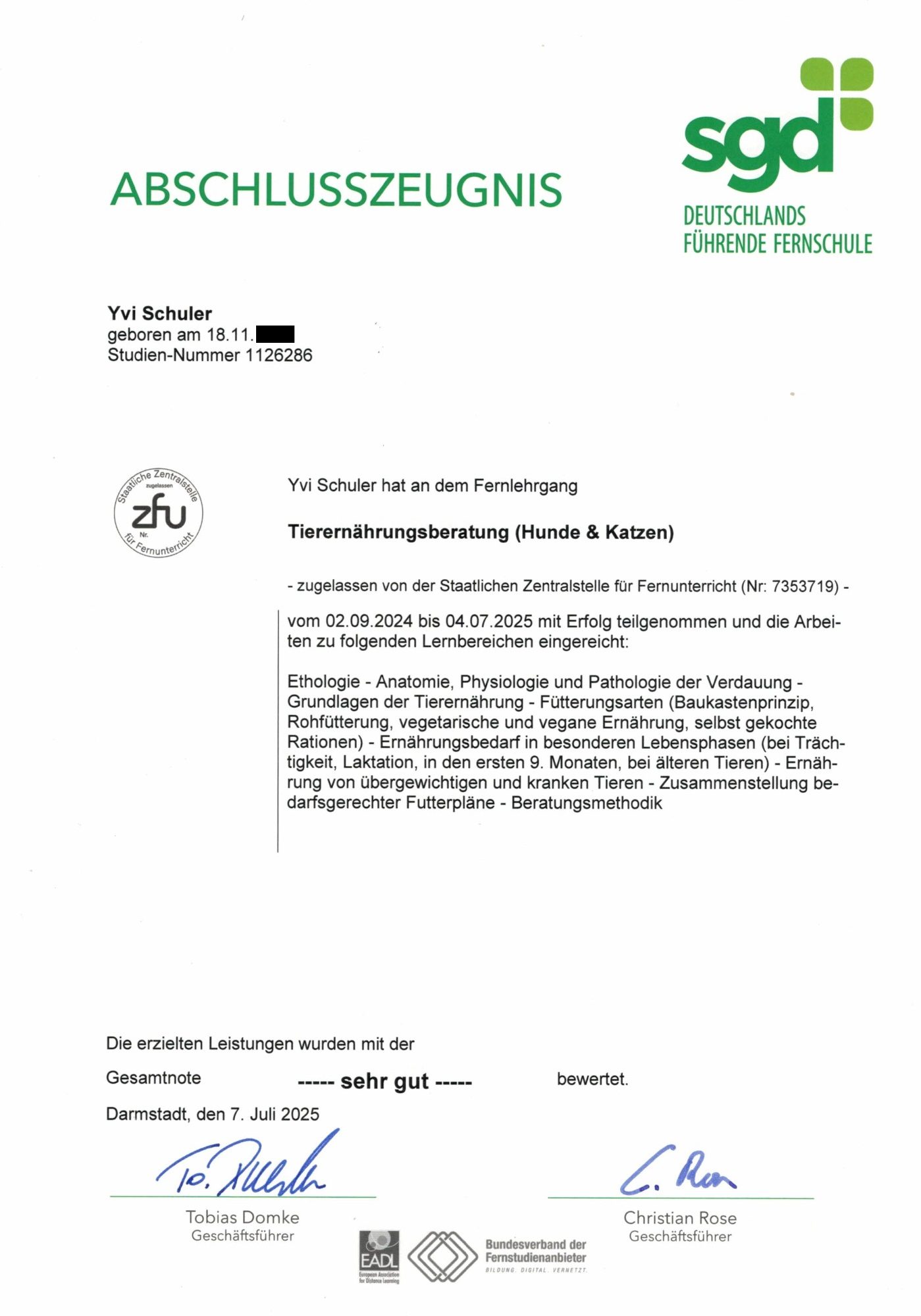 Zertifizierte Tierernährungsberaterin Yvi Schuler Abschlusszeugnis Studium zu Tierernährungsberatung (Hunde & Katzen)