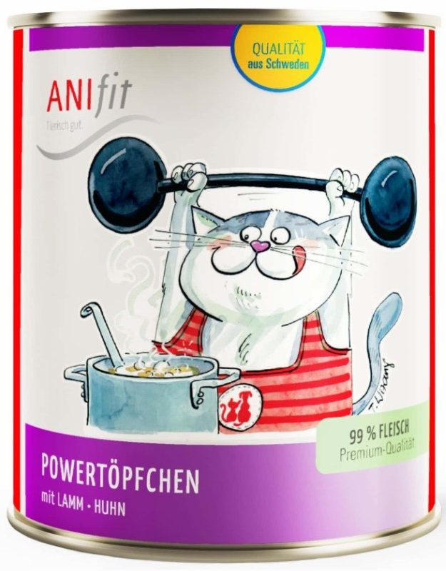 Katze mit Hantel hebt Gewichte neben einem Kochtopf, fröhlich und cartoonhaft.