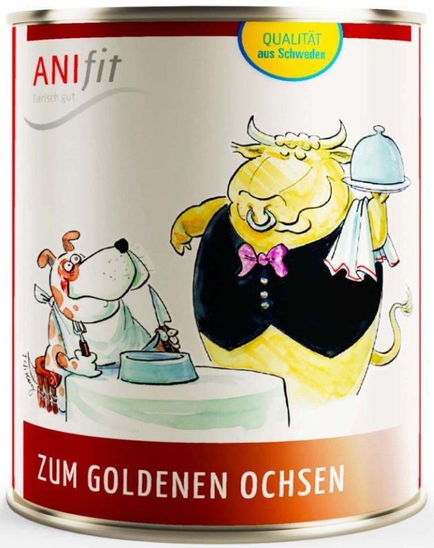 ANifit Premium Nassfutter Zum Goldenen Ochsen Bunte Dose mit einem Hund und einem Ochsen, der als Kellner verkleidet ist.