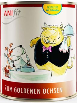 ANIfit Premium Nassfutter für Hunde, Sorte Zum Goldenen Ochsen Tierfutterdose mit einem Hund und einem Bullen im Restaurant, beide freundlich dargestellt.