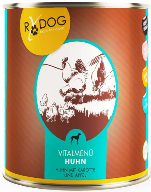 "Vitalmenü Huhn" ANIfit Hundefutter Monoprotein Dose mit Hundefutter aus Huhn, mit lila und grünen Akzenten, auf hellem Hintergrund.