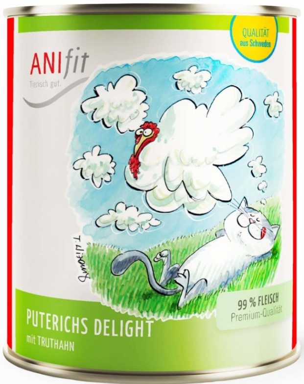 Bunte Dose von AniFit mit einer Katze und einem Vogel unter einem wolkigen Himmel.