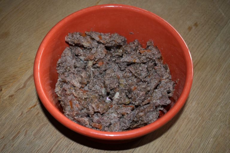 Premium Nassfutter für Hunde von ANIfit Hundenassfutter in einer roten Schüssel auf einem Holzuntergrund.