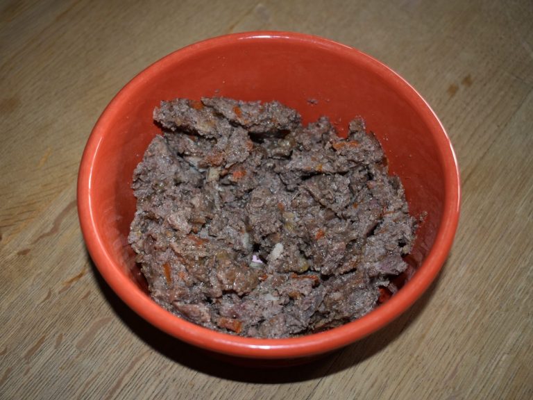 Artgerechte Ernährung von Hunden - mit Premium Nassfutter von ANIfit Braune Fleischmasse in einer orangefarbenen Schüssel auf einem Holzuntergrund.