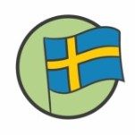 Schwedische Flagge mit blauem Hintergrund und gelbem Kreuz vor grünem Kreis.