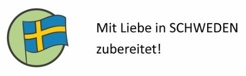 Schwedische Flagge mit dem Text: "Mit Liebe in SCHWEDEN zubereitet!"