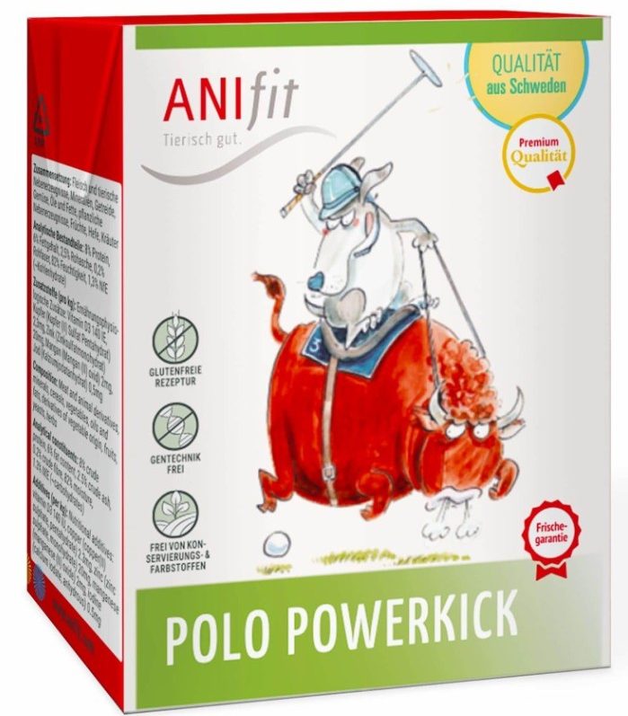 ANifit Premium Nassfutter Polo Powerkick Tierische Cartoon-Illustration mit einer Kuh und einem Hund auf einer Futterverpackung.