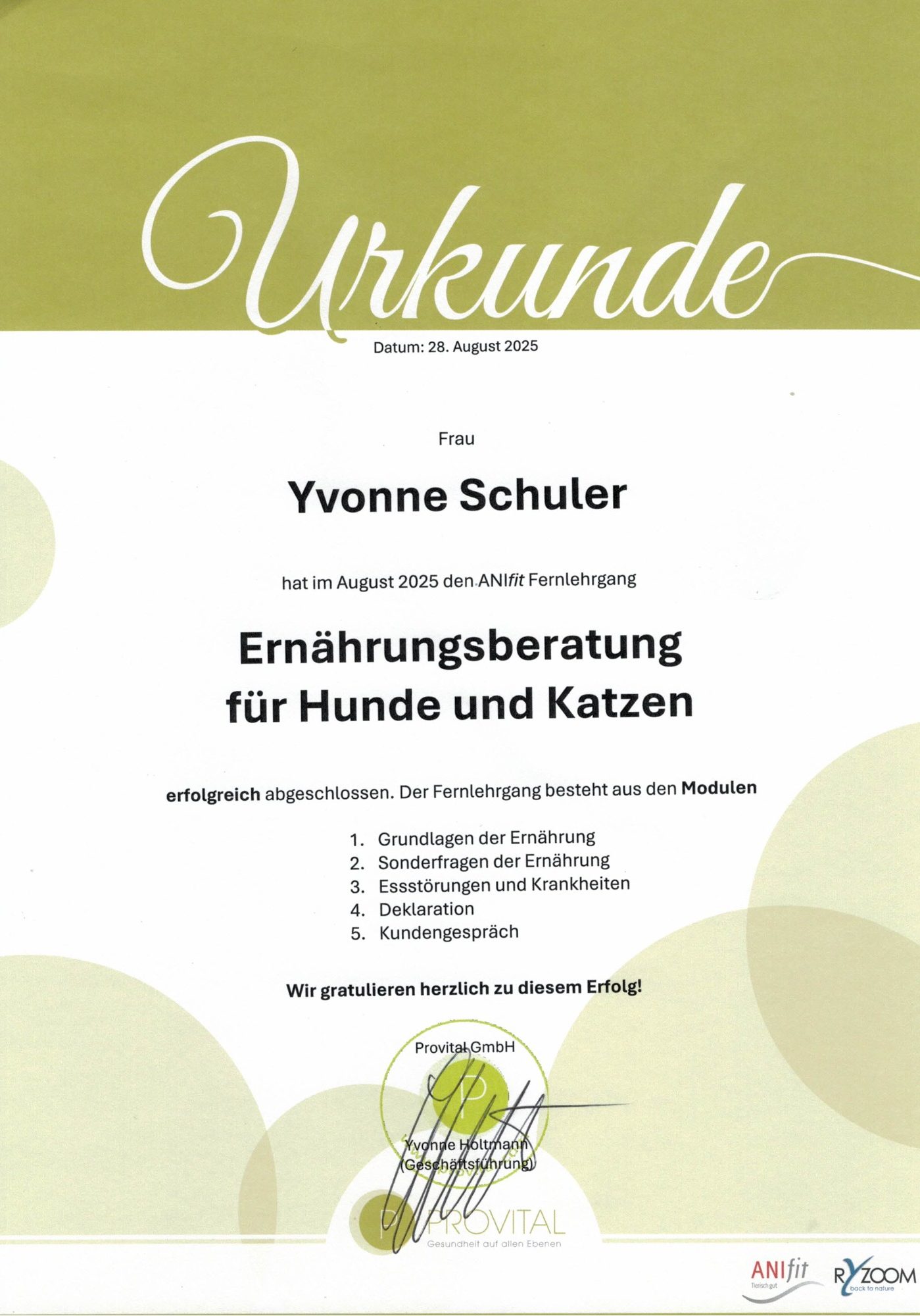 ANIfit Berater Yvi Schuler Urkunde Ernährungsberatung für Hunde und Katzen von ANIfit