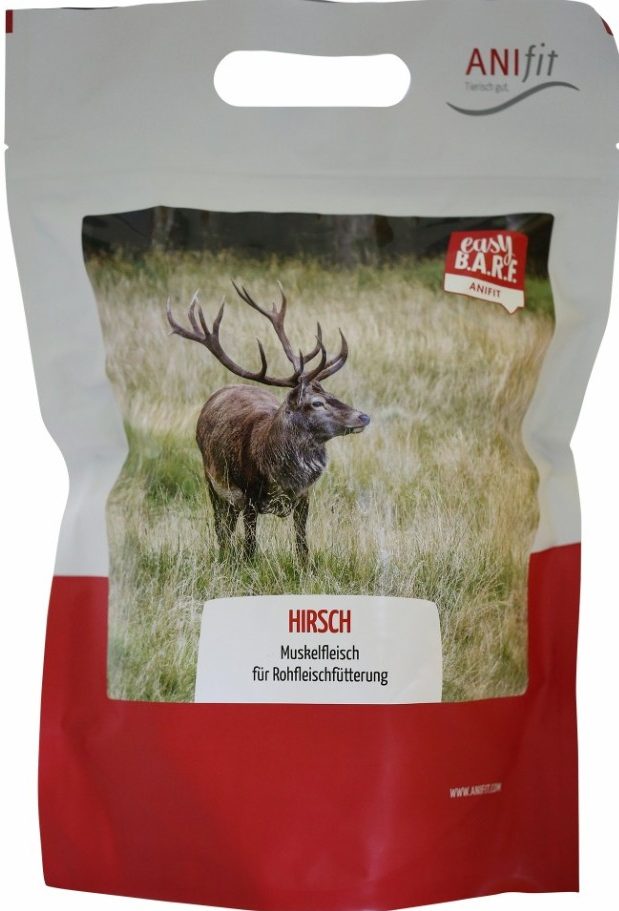 Reh auf einer Wiese, abgebildet auf einer ANifit-verpackung in Grau-Rot.