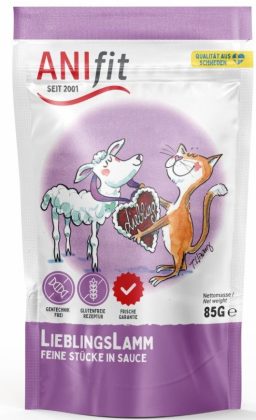 ANIfit-Pouch LieblingsLamm für Katzen Packung mit ANIfit Lieblingslamm für Katzen in Sauce, mit lila Gestaltung und Tiermotiv.