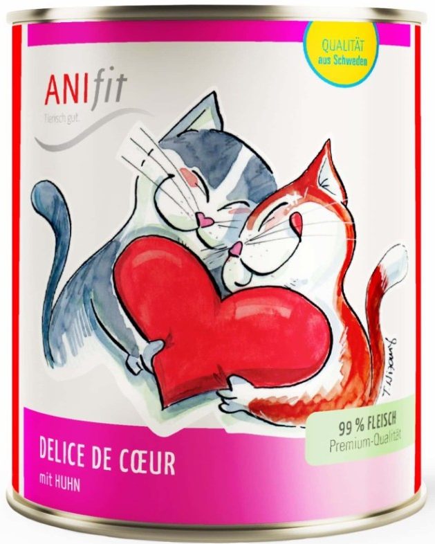 Zwei Katzen umarmen ein rotes Herz auf einer bunten Dose.