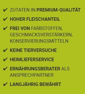 Hundefutter von ANIfit steht für hohe Qualität und natürliche Verarbeitung Text mit Vorteilen von Premium-Fleischprodukten in auffälliger Schrift auf grünem Hintergrund.