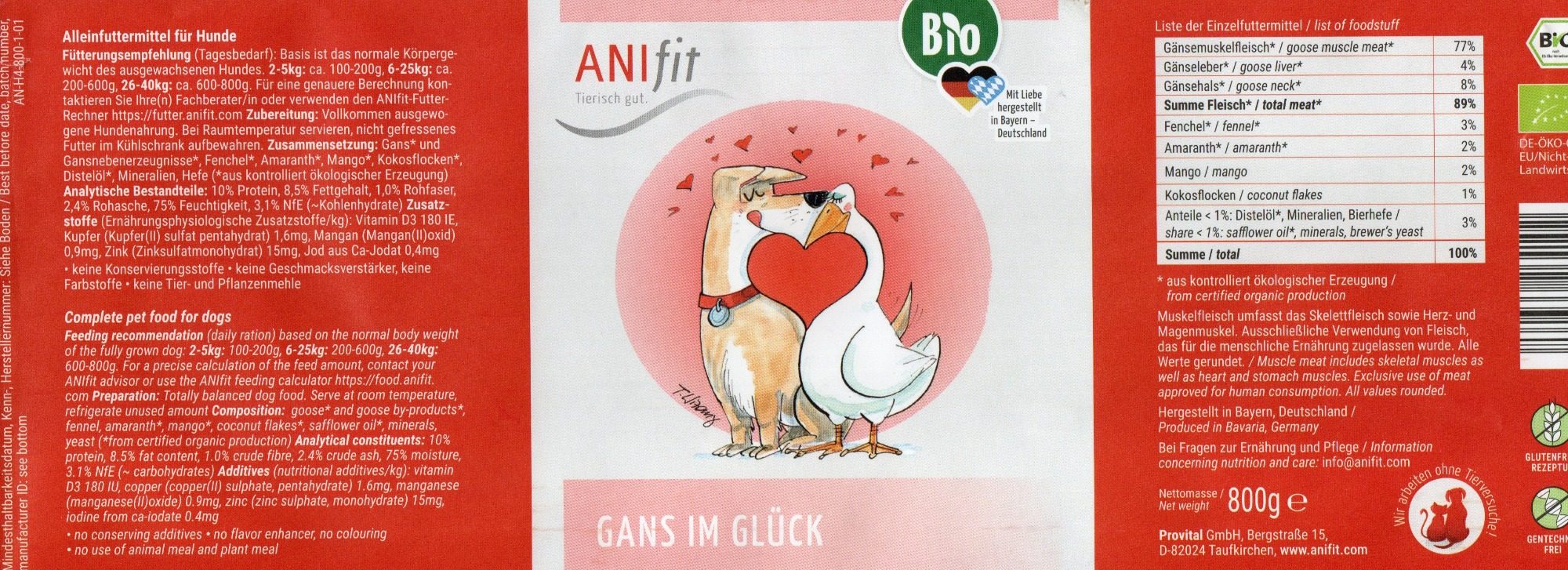 Dose mit Nährwertangaben und Zutatenliste für Hundefutter.