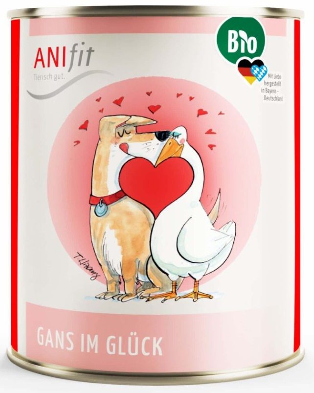 ANifit Premium Nassfutter Gans im Glück Hunde und Ente umarmen sich mit Herzchen im Hintergrund, Bio-Futterdose.