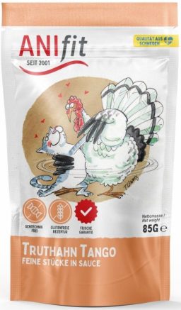 ANIfit-Pouch TruthahnTango für Katzen Beutel mit Katzenfutter „Truthahn Tango“ von ANIfit, mit Illustrationen von Katze und Truthahn.