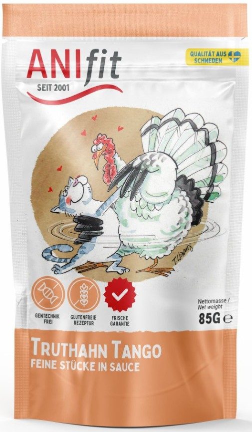 ANIfit Katzenfutter-Beutel auf dem ein Truthahn mit einer Katze tanzt (cartoonhaft).