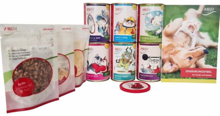 Mittleres ANIfit-Schnupperpaket für Katzen Verschiedene Dosen und Snacks für Katzen von ANIfit in bunten Verpackungen.