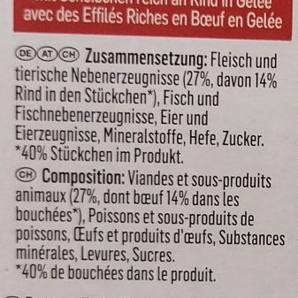 Halboffene Deklaration eines Katzenfutters Zutatenliste eines Katzenfutters in verschiedenen Sprachen.
