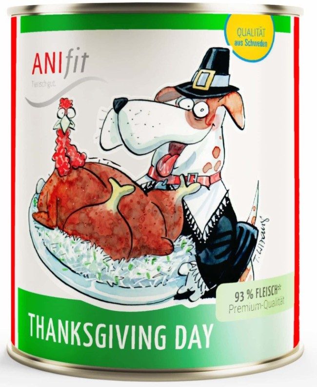 ANifit Premium Nassfutter Thanksgiving Day Zeichnung: Hund im Pilgerkostüm präsentiert einen Truthahn auf einem festlichen Teller. Abgebildet auf einer Futterdose.
