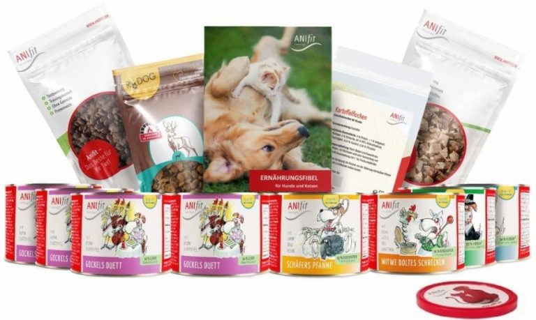 ANifit Premium Nassfutter Schnupperpaket Eine Auswahl an Hundefutterprodukten und einer Hundezeitschrift.