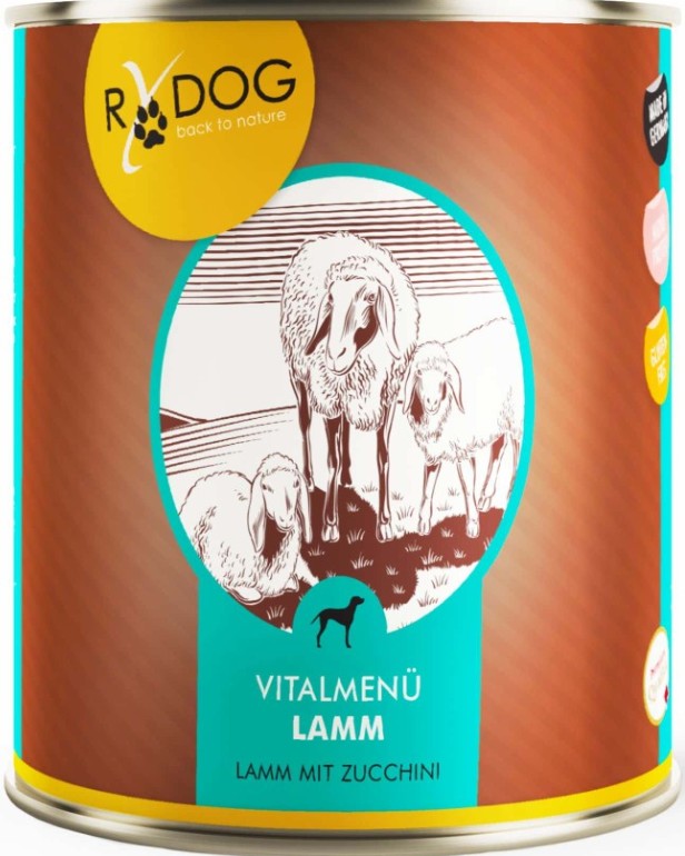 "Vitalmenü Lamm" ANIfit Hundefutter Monoprotein Dose mit Hundefutter „Vitalmenü Lamm“ und Zucchini, mit Illustrationen von Hunden.