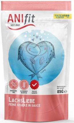 ANIfit-Pouch LachsLiebe für Katzen Beutel mit Anifit Lachs-Liebe, Fisch in Sauce, mit Herzmotiven auf der Verpackung.