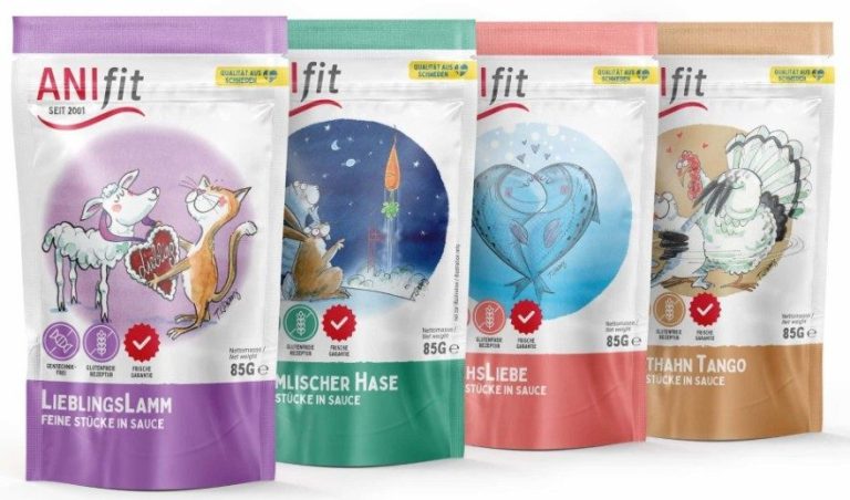 ANIfit MIX-Paket Pouches für Katzen Vier Beutel mit ANIfit-Nassfutter für Katzen, jede mit einer bunten, illustrierenden Verpackung.