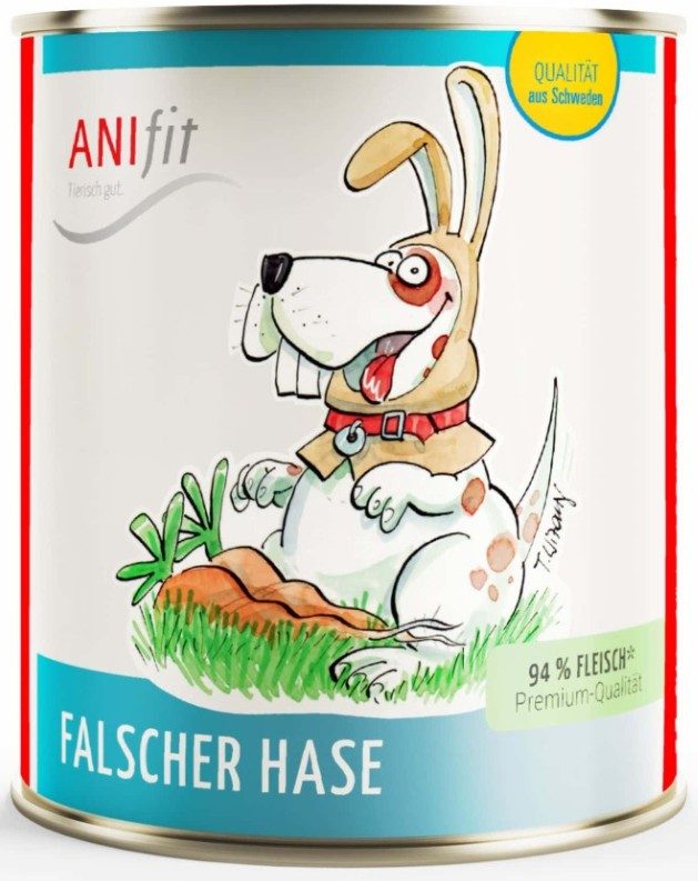 ANifit Premium Nassfutter Falscher Hase Bunte Dose mit einem lächelnden Hund in einem Hasenkostüm neben einer Karotte.