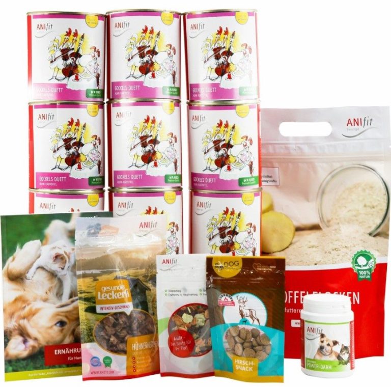 ANIfit Futterumstellungspaket groß für Hunde Eine Auswahl an ANIfit-Produkten zur Futterumstellung, darunter Nassfutterdosen und Snacks in verschiedenen Verpackungen.